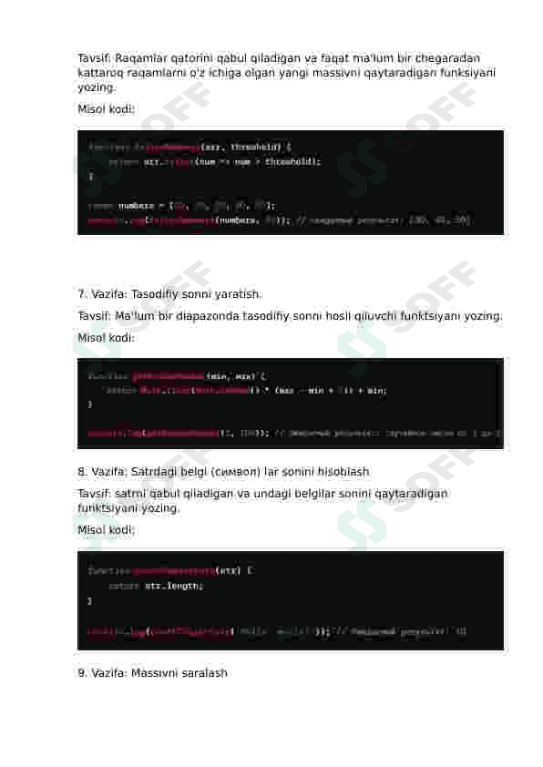 Javascript dasturlash tilidan 20 ta masalalar to'plami, ko'd na'munasi bilan. 3