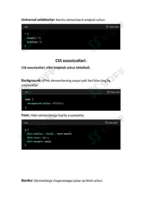 CSS da selektorlar.  CSS xususiyatlari.  CSS3 da effektlar, transformatsiya, animatsiya 3