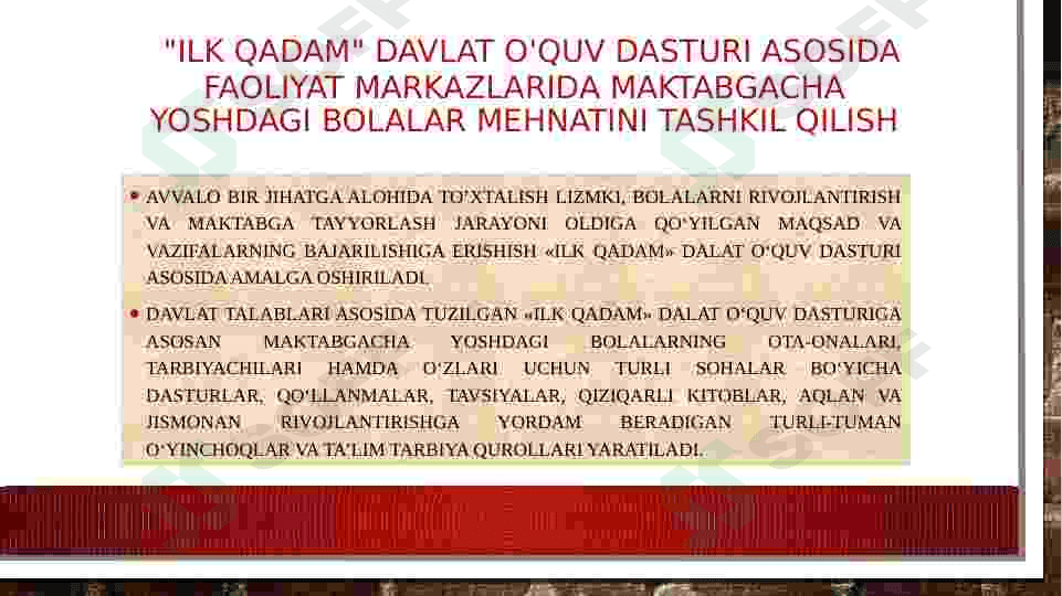"Ilk qadam" davlat o'quv dasturi asosida faoliyat markazlarida maktabgacha yoshdagi bolalar mehnatini tashkil qilish. 3