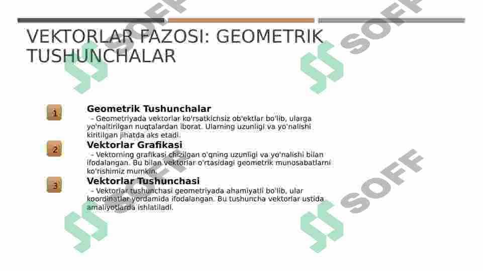 Vektorlar fazosi. Vektorning proyeksiyasi.Yoʻnaltiruvchi kosinuslar.Vektorlar nazariyasi tadbiqlari. 4