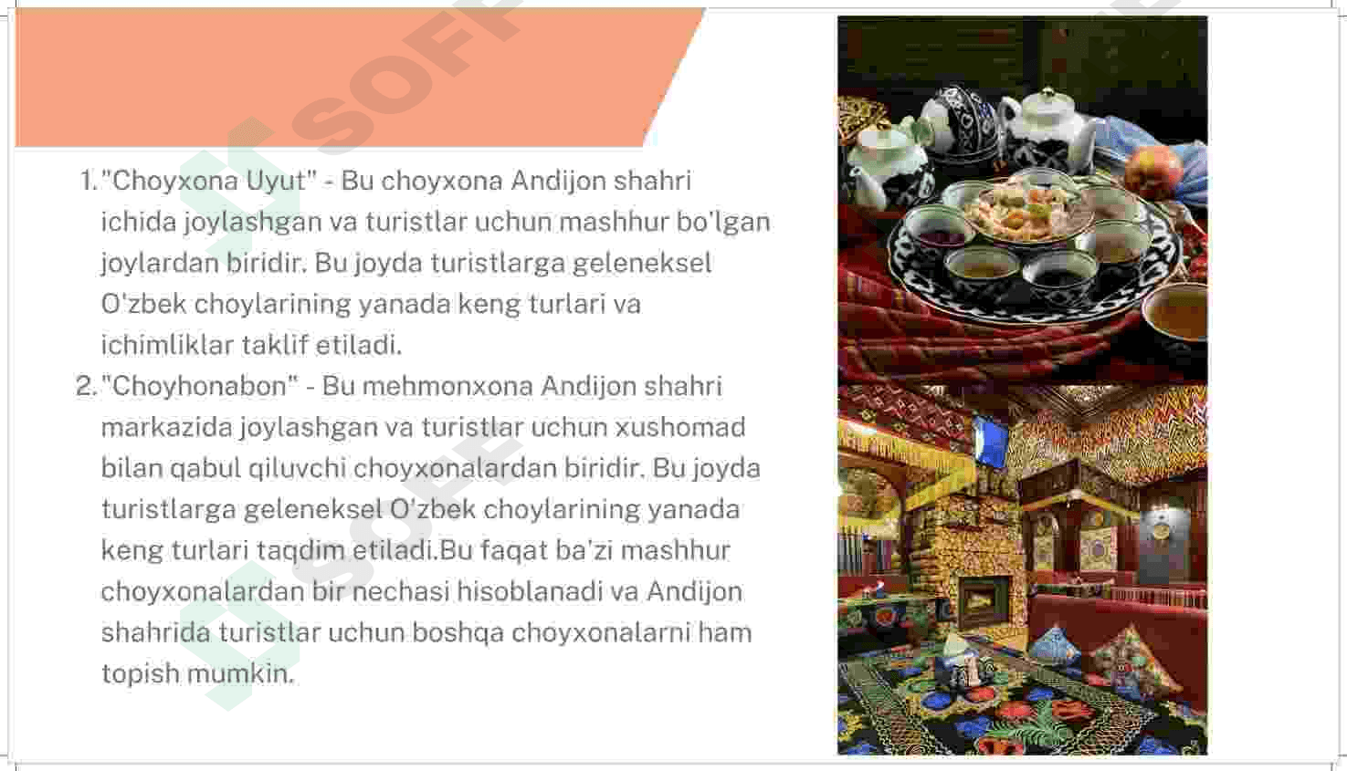 Andijon shahrida joylashgan kafe, milliy oshxona, choyxonalar 4
