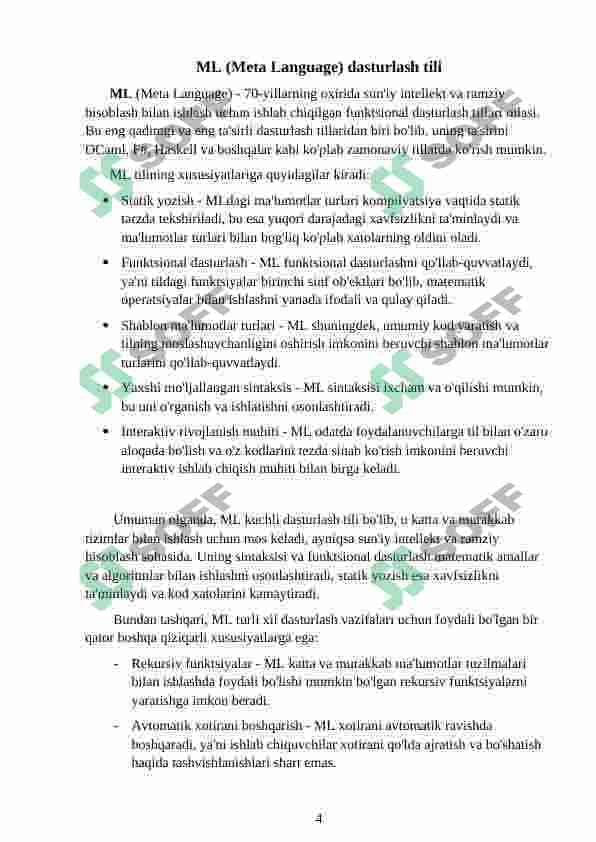XAVFSIZ DASTURLASH TILLARI (ML YOKI HASKELL MISOLIDA) VA ULARNING HUSUSIYATLARI 4