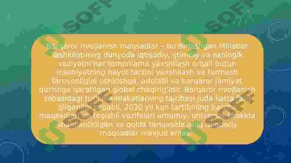 Barqaror rivojlanish. Barqaror rivojlanish maqsadlarini O`zbekistonga kirib kelishi va amaliyotga tadbiq etilishi 4