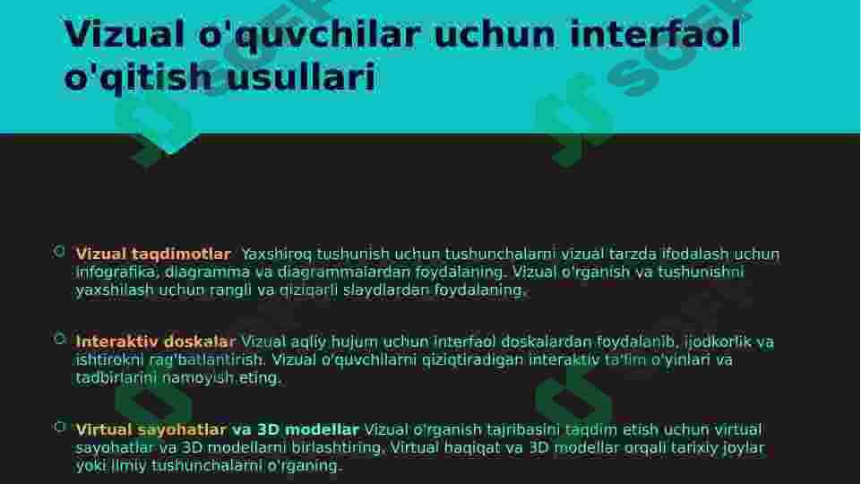 Samarali o’qitishning qiziqtiruvchi va interfaol usullari, hamda ulardan foydalanishni o’rganadi. O’quvchilar bilimini nazorat qilish usullari va ularni takomillashtirish metodikasi 2 4