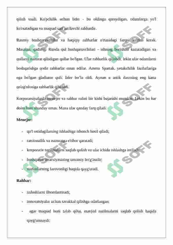 “YETAKCHILIKNI RIVOJLANTIRISH” FANIGA KIRISH,Referat 4