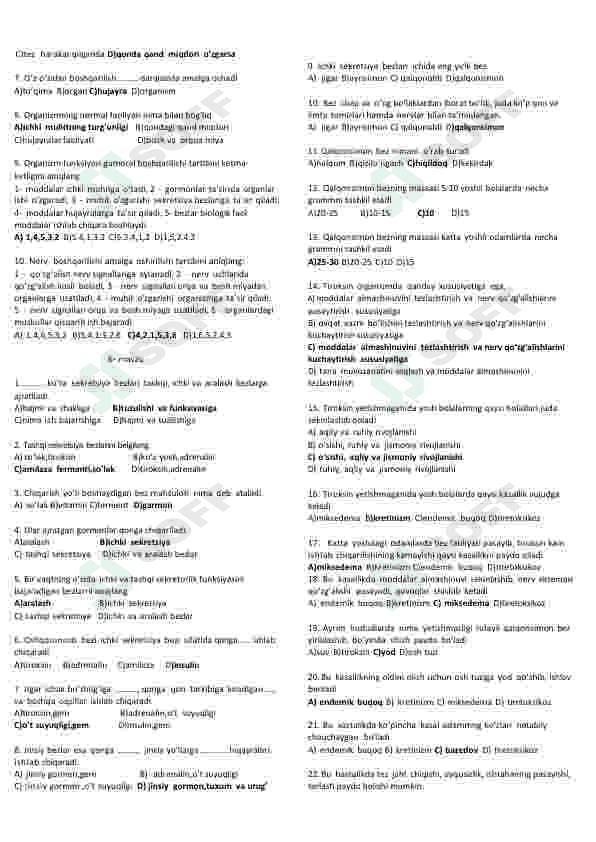 Biologiya fanidan mavzulashtirilgan testlar 4