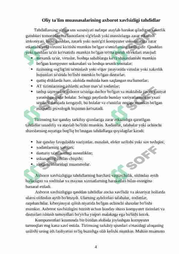 OLIY TA’LIM MUASSASALARI AXBOROT XAVFSIZLIGINI TA’MINLASHNING TASHKILIY CHORALARINI ISHLAB CHIQISH 4