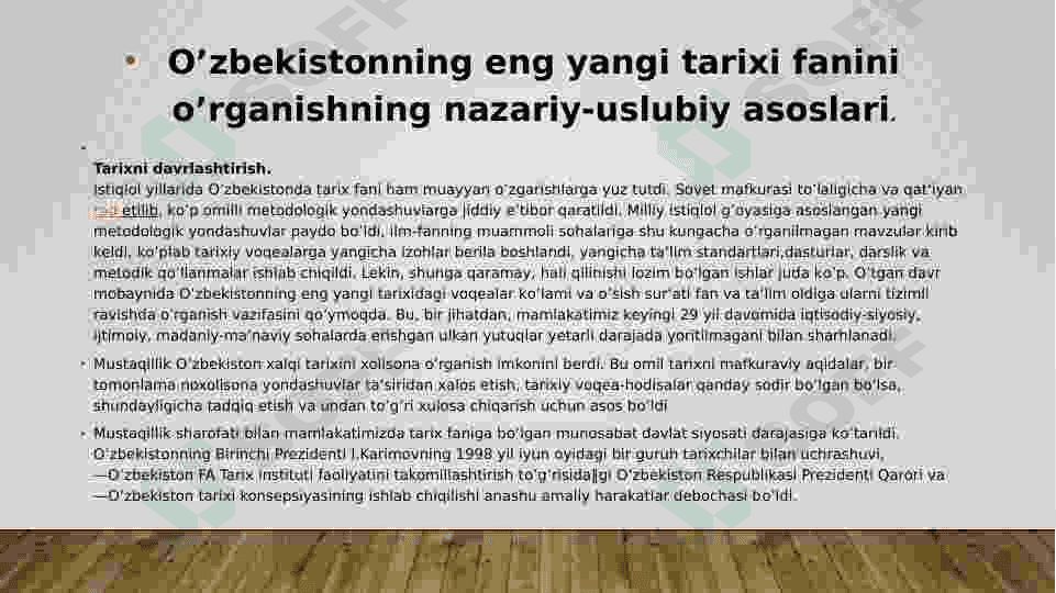 Mustaqil O’zbekiston davlatining yuzaga kelishi va  mustahkamlanishida Islom Karimovning o’rni va roli. 4