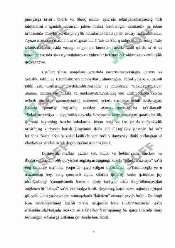 SEKULYARIZATSIYA DINDORLIK RIVOJLANISHINING TENDENSIYALARIDAN BIRI SIFATIDA 4