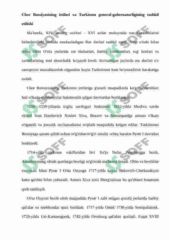Chor Rossiyasining istilosi va mustamlakachilik tizimining o'rnatilishi 4