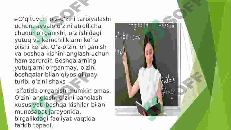 O’z-o’zini tarbiyalash va o’z ustida ishlash pedagogik mahoratning asosiy sharti sifatida. O’qituvchining individual ish uslubi. 4