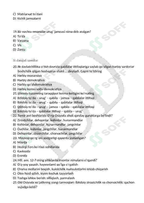Tarix 6-sinf test 4