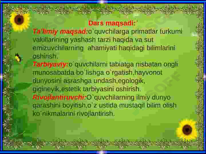 Primatlar turkumi. Sutemizuvchilarning ahamiyati 4