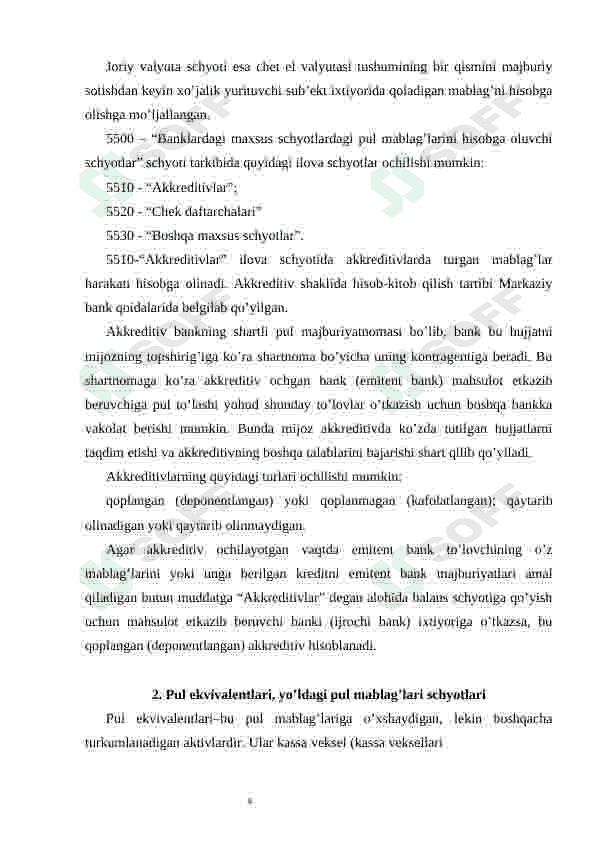 Bankdagi maxsus schyotlar, akkreditiv, chek daftarlari va boshqa maxsus schyotlar hisobi 4