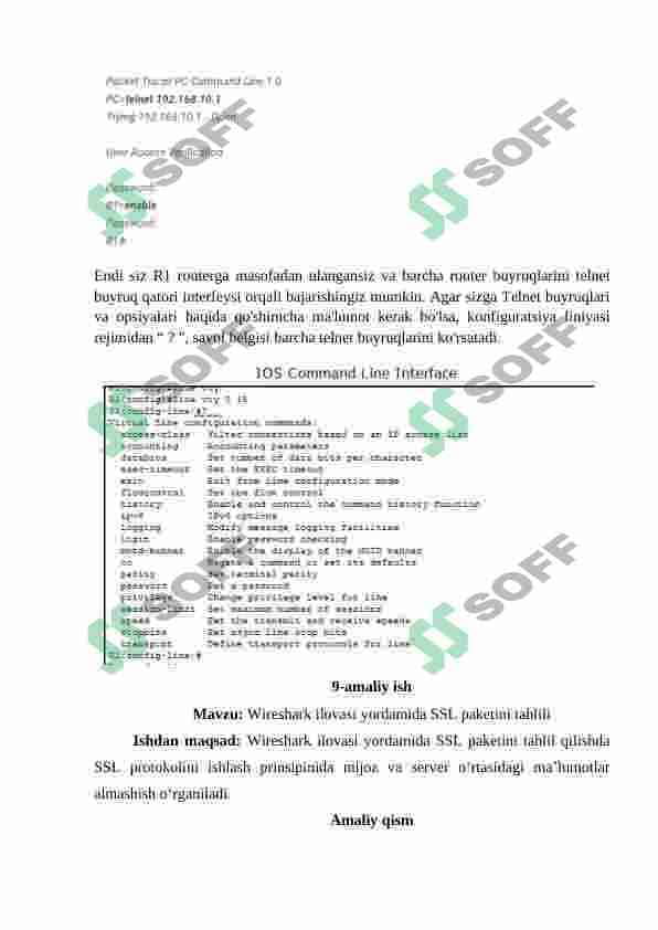 CISCO Packet Tracerda Telnet va SSHni o‘rnatish. Wireshark ilovasi yordamida SSL paketini tahlili. SSL protokolini tahlillash 4