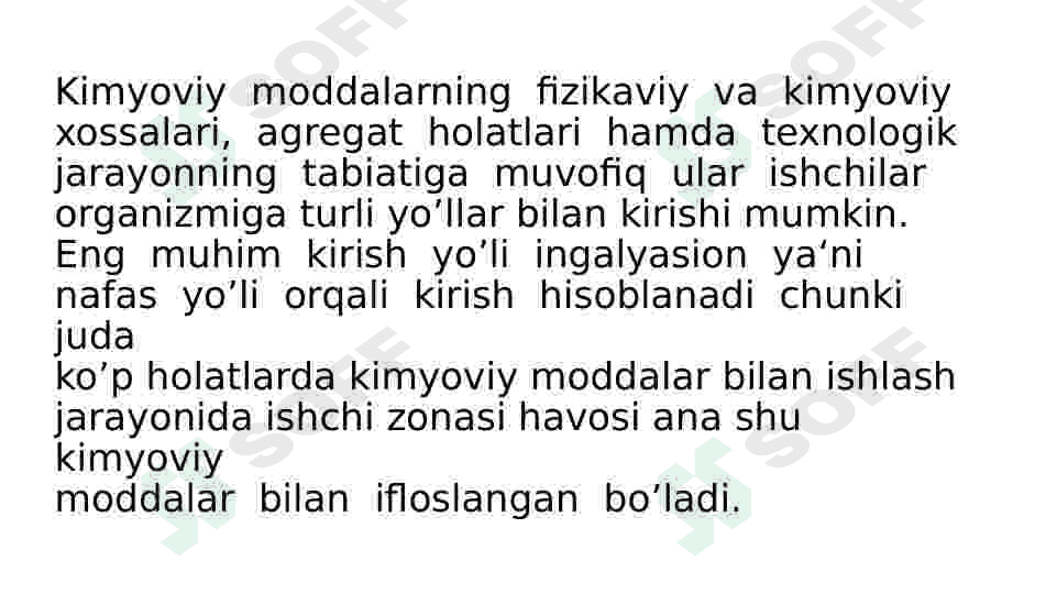 Kimyoviy omillarni umumzaxarli va maxsus ta’siri haqida tushuncha. Ishchi zonasi havosini kimyoviy moddalar bilan ifloslanganligining gigiyenik ahamiyati 4
