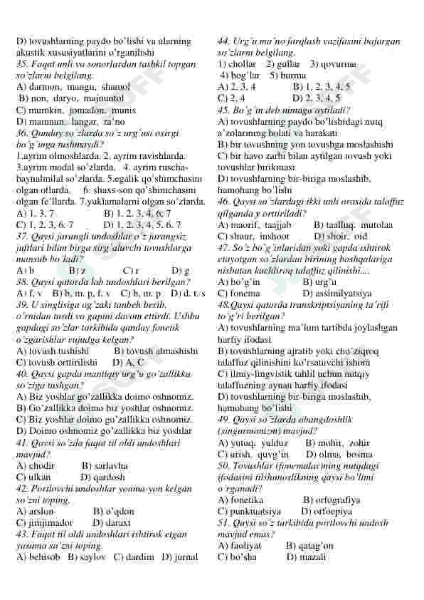 Ona tili fanidan testlar to'plami 4