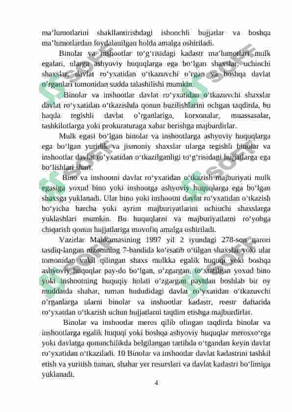 Bino va inshootlar davlat kadastrini yuritish bosqichlari  mavzusi 4