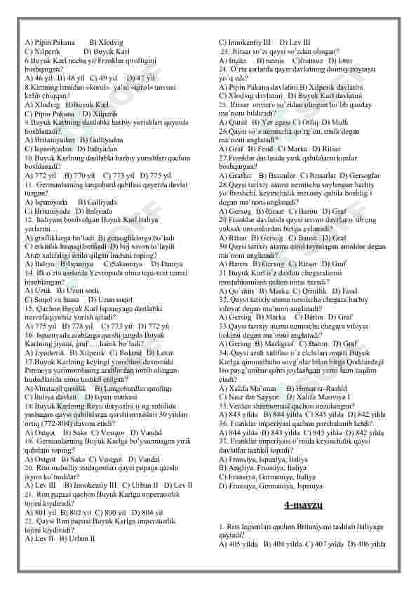 Jahon tarixi fanidan mavzulashtirilgan testlar / 7-sinf 4