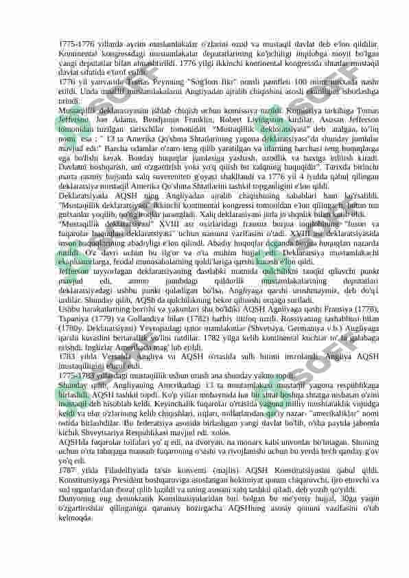 Shimoliy Amerikada mustaqillik uchun kurash. AQSH ning tashkil topishi 4