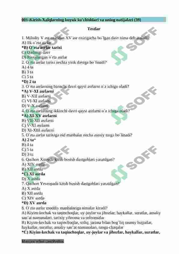 7-sinf Jahon Tarixi fanidan mavzulashtirilgan test savollar to'plami 4