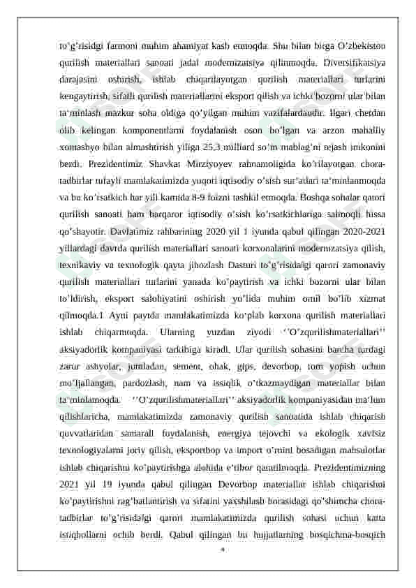 Yillik unumdorligi 500ming m3 bo’lgan quruq qurilish qorishmalari  ishlab chiqarish texnalogiyasini loyihalash. 4