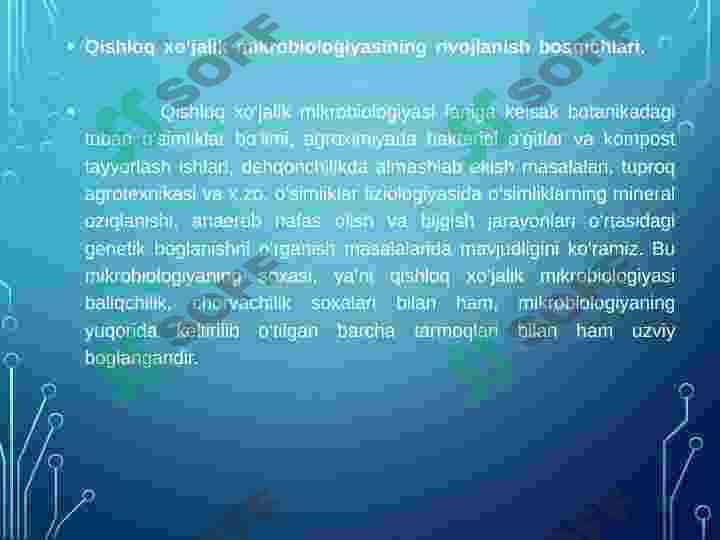 Mikrobiologiyaning chorvachilik va qishloq xo`jaligidagi ahamiyatI 4