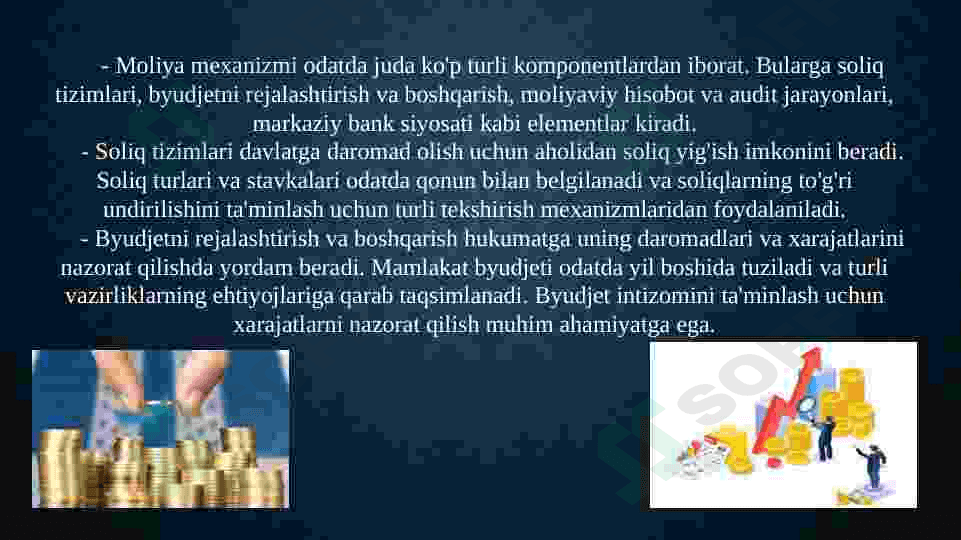 Moliya mexanizmi va uning tarkibiy qismlari, elementlari va moliyaviy siyosatni amalga oshirishdagi ro’li 4