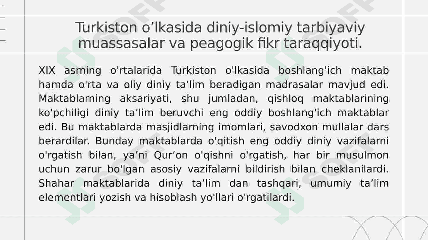 XIX asrning ikkinchi yarmi va XX asr boshlarida ta'lim va pedagogik fikrlar (Anbar otin, Furqat, Saidahmad Siddiqiy, Abdulla Avloniylarning ta'lim-tarbiya taraqqiyotida tutgan o'rni). 4