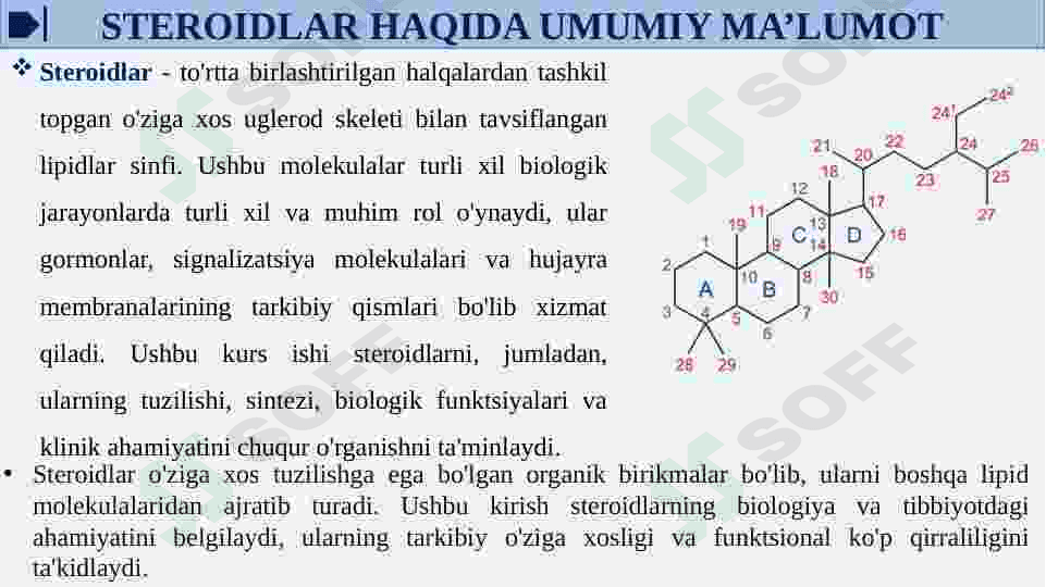 STEROIDLAR VA TERPENLARNING STEROKIMYOSI HAMDA ULAR ISHTIROKIDAGI MUHIM BIOLOGIK JARAYONLAR. 4