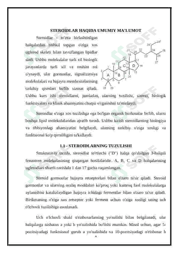 STEROIDLAR VA TERPENLARNING STEROKIMYOSI HAMDA ULAR ISHTIROKIDAGI MUHIM BIOLOGIK JARAYONLAR. 4