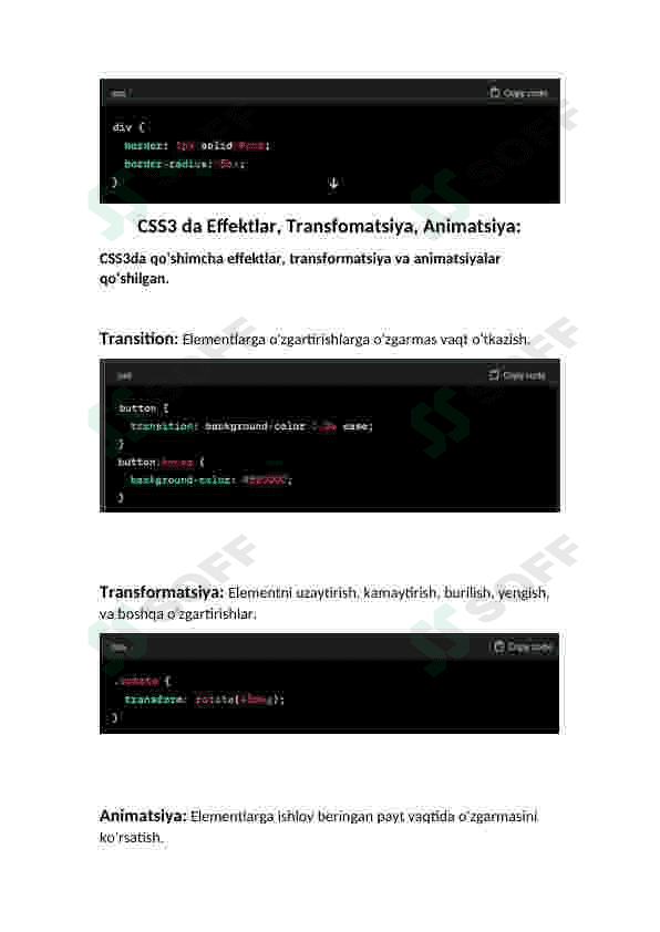 CSS da selektorlar.  CSS xususiyatlari.  CSS3 da effektlar, transformatsiya, animatsiya 4