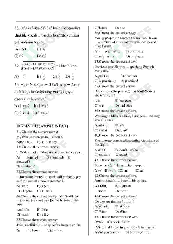 Matematika va Ingliz tili. Blok test. Javoblari bilan 4