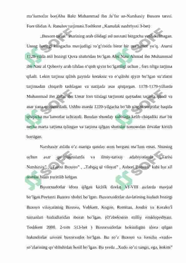 Somoniylar davri tarixini o’rganishda Narshaxiyning “Buxoro tarixi” asarining o’rni 4