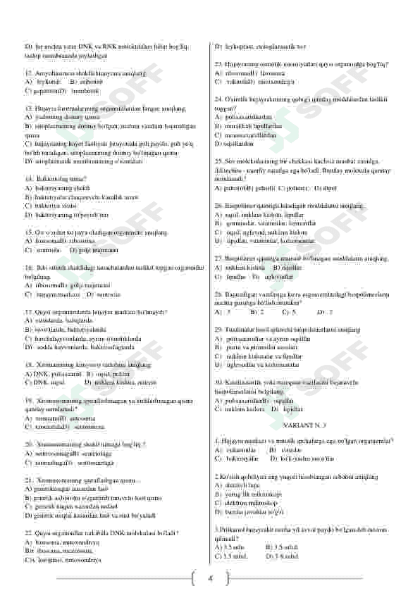 Biologiya fanidan mavzulashtirilgan testlar 4