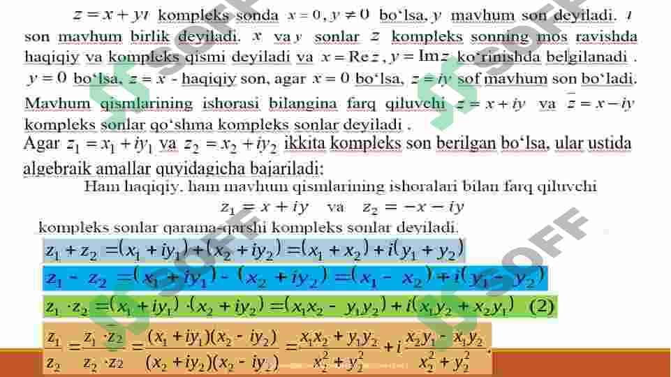 Kompleks sonning algebraik, geometrik, trigonometrik va ko‘rsatkichli shakllari. Kompleks sonlar ustida amallar. 4