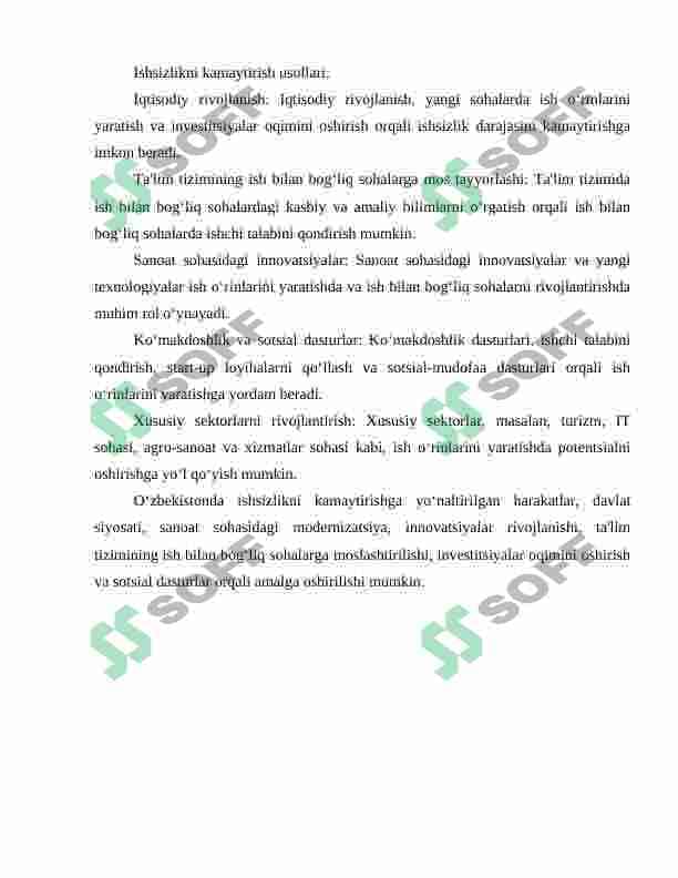 O‘zbekistonda ishsizlik, zamonaviy shakllari, sabablari, kamaytirish usullari. 4