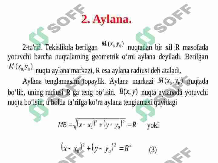 Tekislikda ikkinchi tartibli chiziqlar: Aylana, ellips, giperbola, parabola. 4