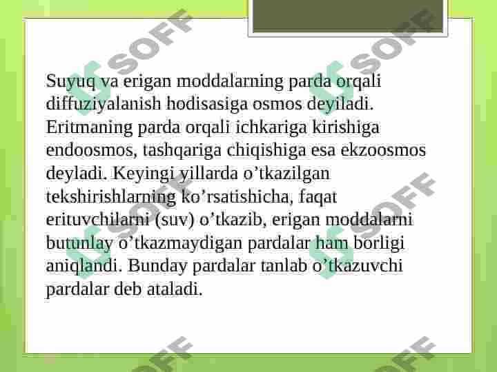 Diffuziya va osmos, turgor va plazmoliz, hujayraning so’rish kuchi 4
