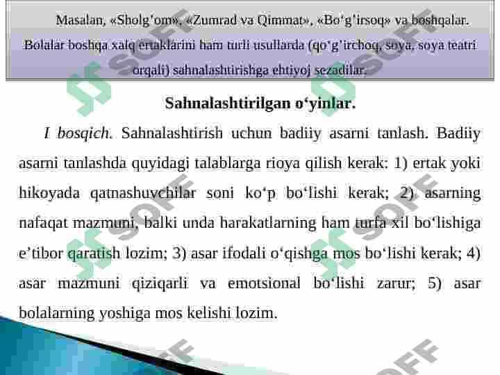 Badiiy asarlarni sahnalashtirish turlari va uni qo'yib ko'rsatish texnologiyasi 4