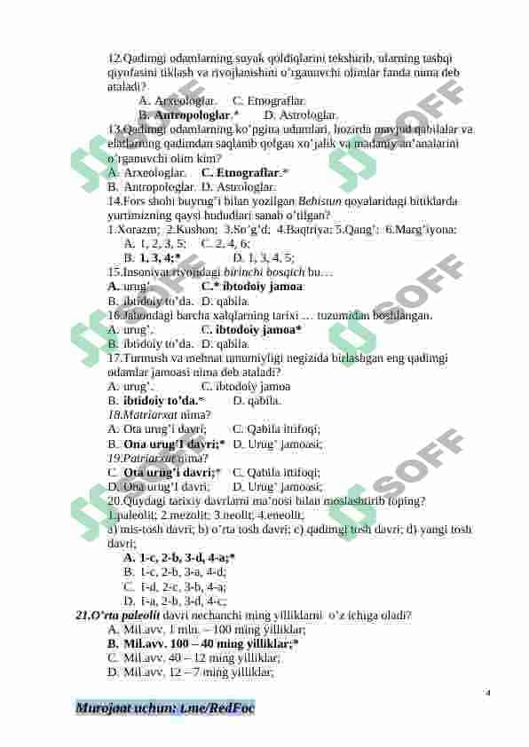 6-sinf Tarix fanidan mavzulashtirilgan test va savollar to'plami 4