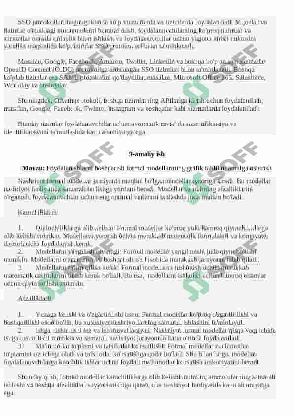 Yagona foydalanish tizimni amalda qo‘llash. SSO protokollarini ishlash jarayoni bilan tanishib chiqish va tahlillash. Foydalanishlarni boshqarish formal modellarining grafik tahlilini amalga oshirish 4