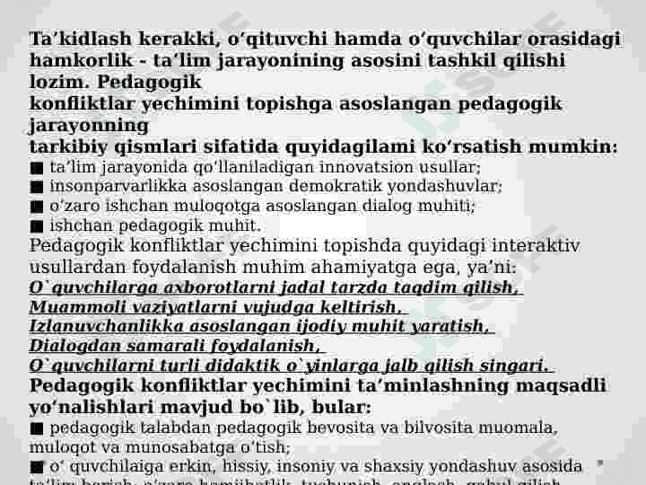 O‘ZARO KELISHUVGA ASOSLANGAN BIRGALIKDAGI FAOLIYAT PEDAGOGIK KONFLIKTLARNI BARTARAF ETISH ОMILI SIFATIDA 4