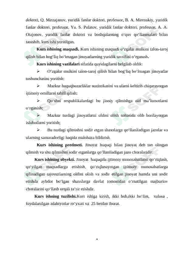 “O‘ZGALAR MULKINI TALON TAROJ QILISH BILAN BOG‘LIQ BO‘LMAGAN JINOYATLAR” 4