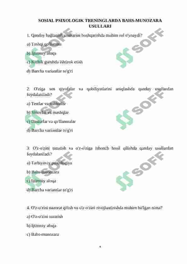 TRENINGDA O’YIN-GURUH BILAN ISHLASH VOSITASI SIFATIDA SOSIAL PSIXOLOGIK TRENINGLARDA BAHS-MUNOZARA USULLARI TRENING MASHG’ULOTLARINI OLIB BOORISH USULLARI 4