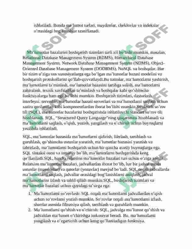 MA’LUMOTLAR BAZASI VA ULARNI BOSHQARISH TIZIMLARI  BILAN ISHLASHNI URGANISH 4