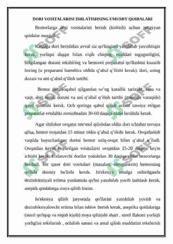 Dori vositalarini qo'llash usullari. Dori vositalari shakllari, turlari. Dori vositalarini tarkatish va saklash. "A" va "B" ruyxatdagi dori vositalari. Dori vositalarini qo'llash usullari, qo'llashda yuzaga keladigan asoratlarini oldini olish 4