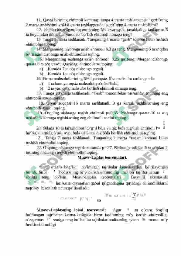 O’zaro bog’liq bo’lmagan takroriy tajribalar. Bernulli sxemasi. Bernulli va Puasson formulalari 4