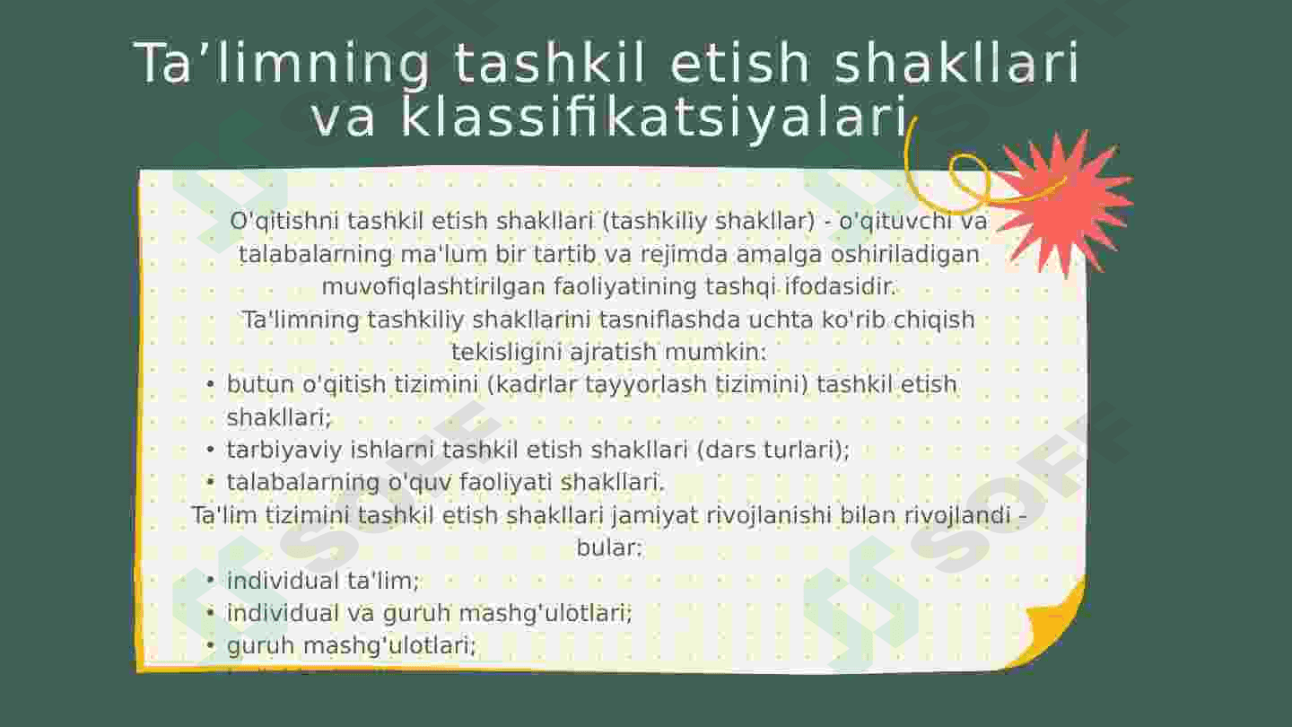 Ta'limni tashkil etish turlari va shakllari. Dars - ta'limni tashkil etishning asosiy shakli. Boshlang’ich ta’limda o’quvchilarning bilim, ko’nikma va malakalarini tashxis etish 4