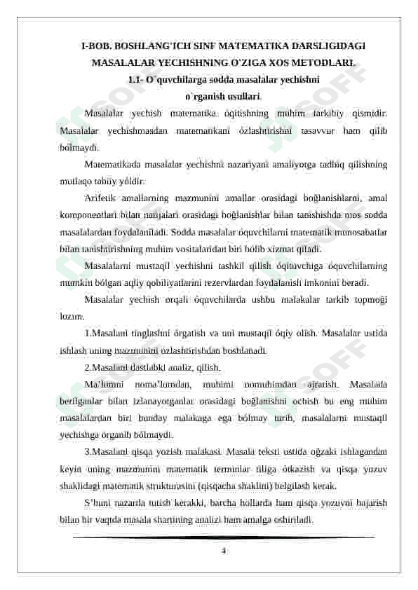 Boshlang'ich sinf matematika darsligidagi masalalar yechishning o'ziga xos xususiyati kurs ishi 4